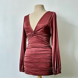 ASOS DESIGN Balloon Sleeve Plunge Neck Ruched Stretch Festive Dress Sz 4 Org.$68